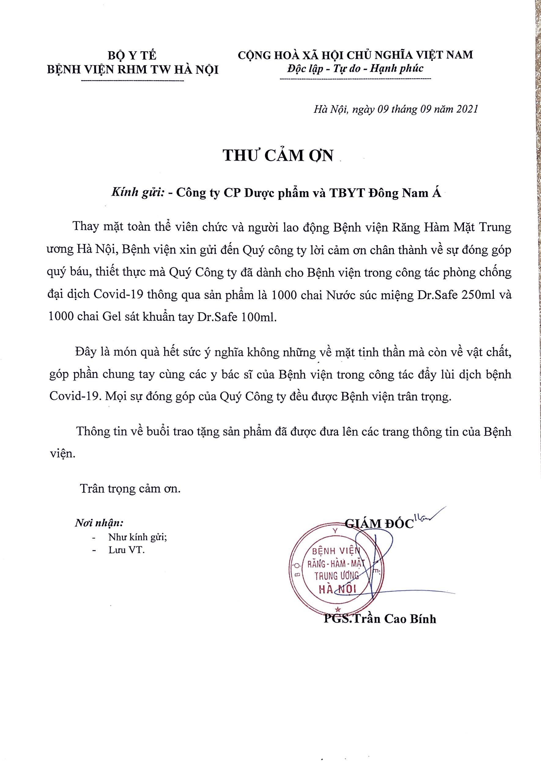 THƯ CẢM ƠN CÔNG TY CỔ PHẦN DƯỢC PHẨM VÀ TBYT ĐÔNG NAM Á